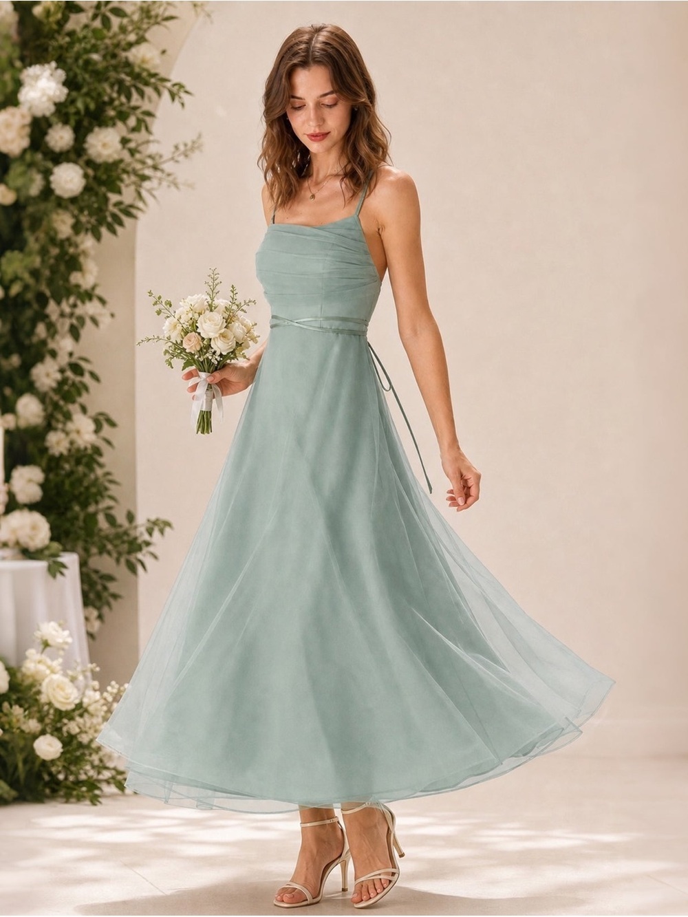 Elegant Sage Green Spaghetti Strap Midi Dress